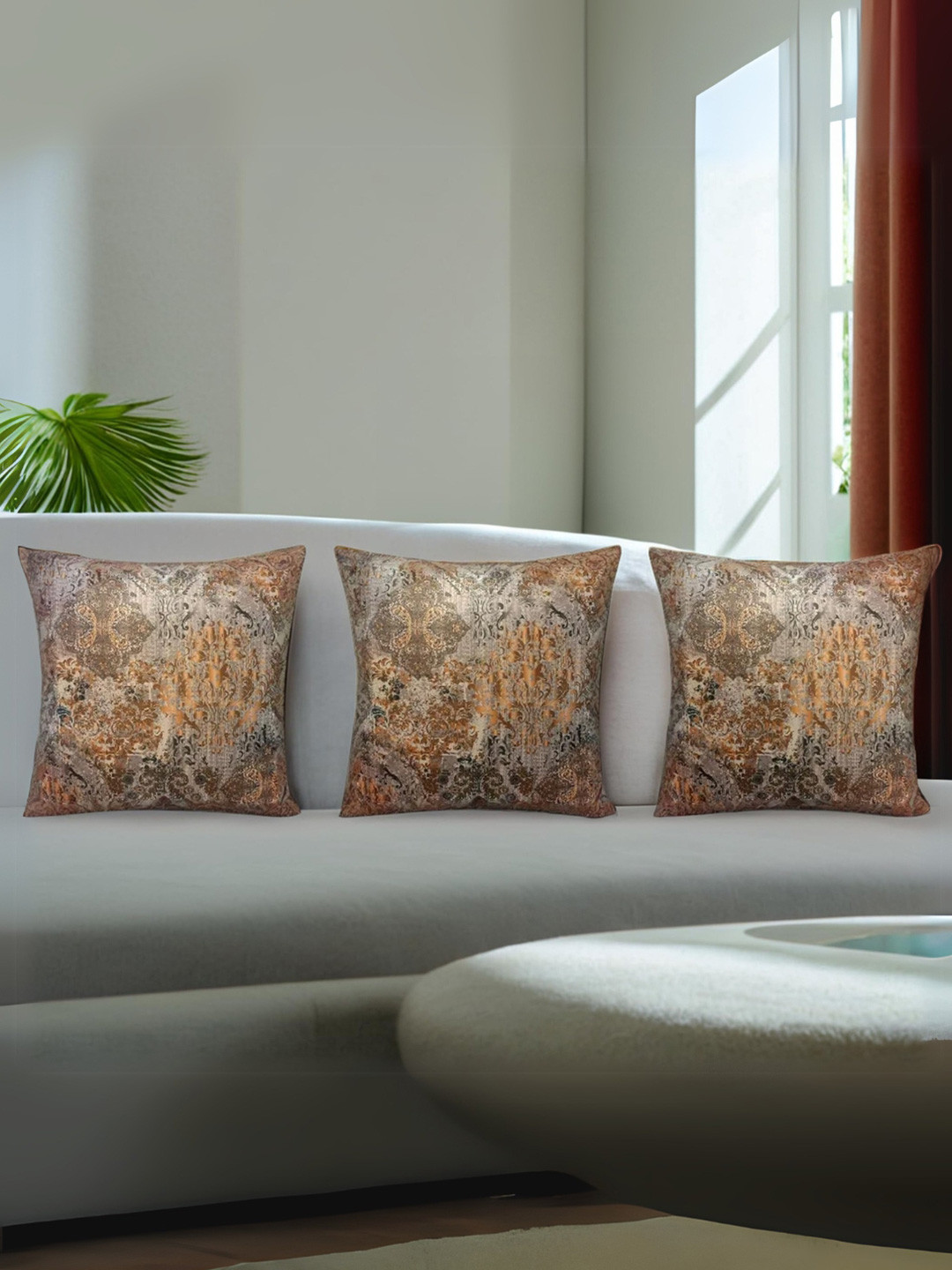 Decoghar Brown 3 Pieces Floral Print Velvet Square Cushion Covers