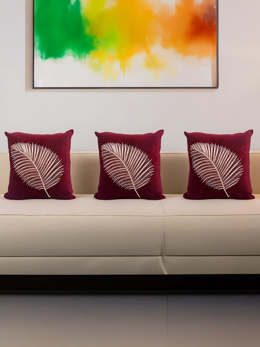 Decoghar Wine Zari Leaf Embroidered 3 Pieces Square Cushion Covers