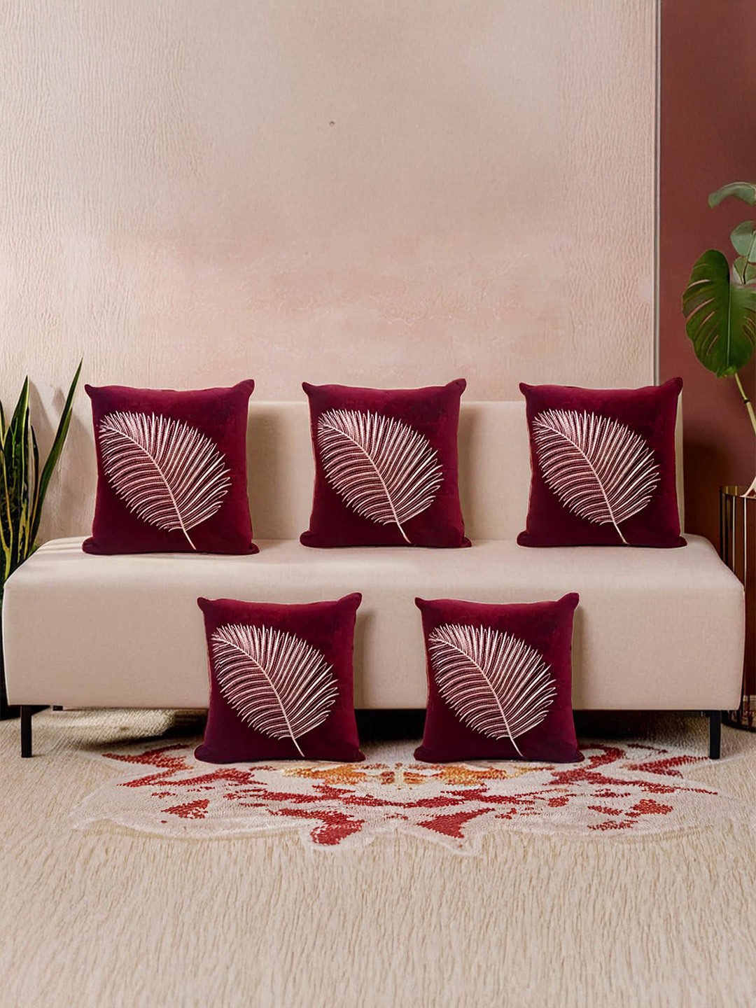 Decoghar Wine Zari Leaf Embroidered 5 Pieces Square Cushion Covers