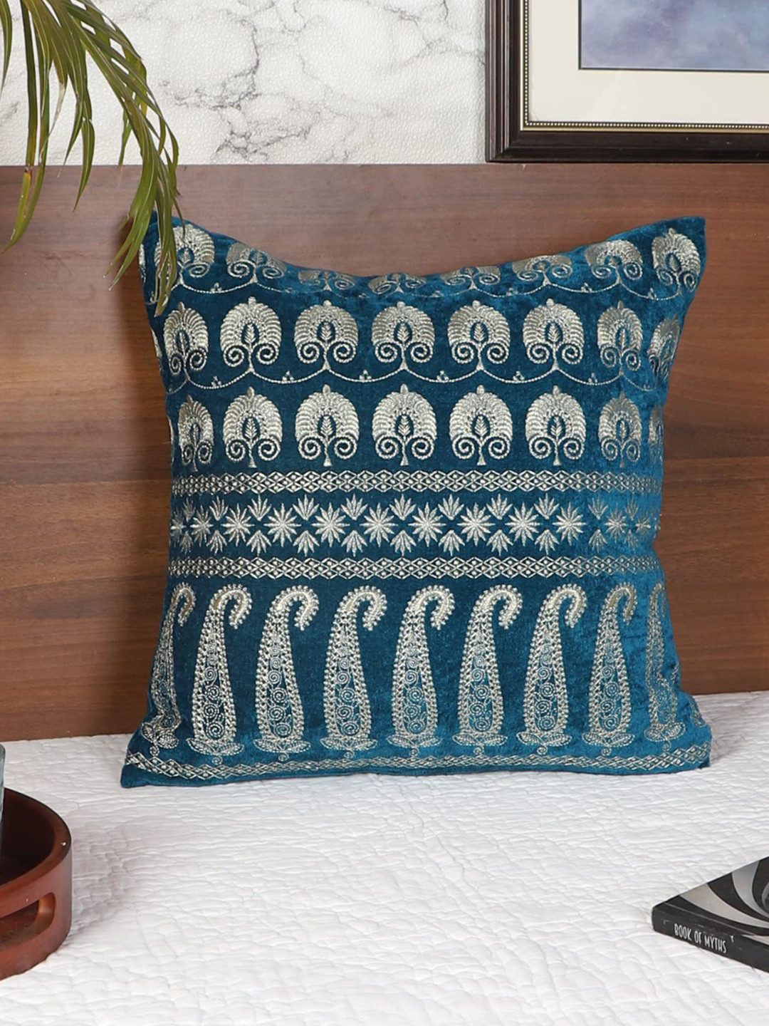 Decoghar Turquoise Single Piece Embroidered Square Cushion Covers