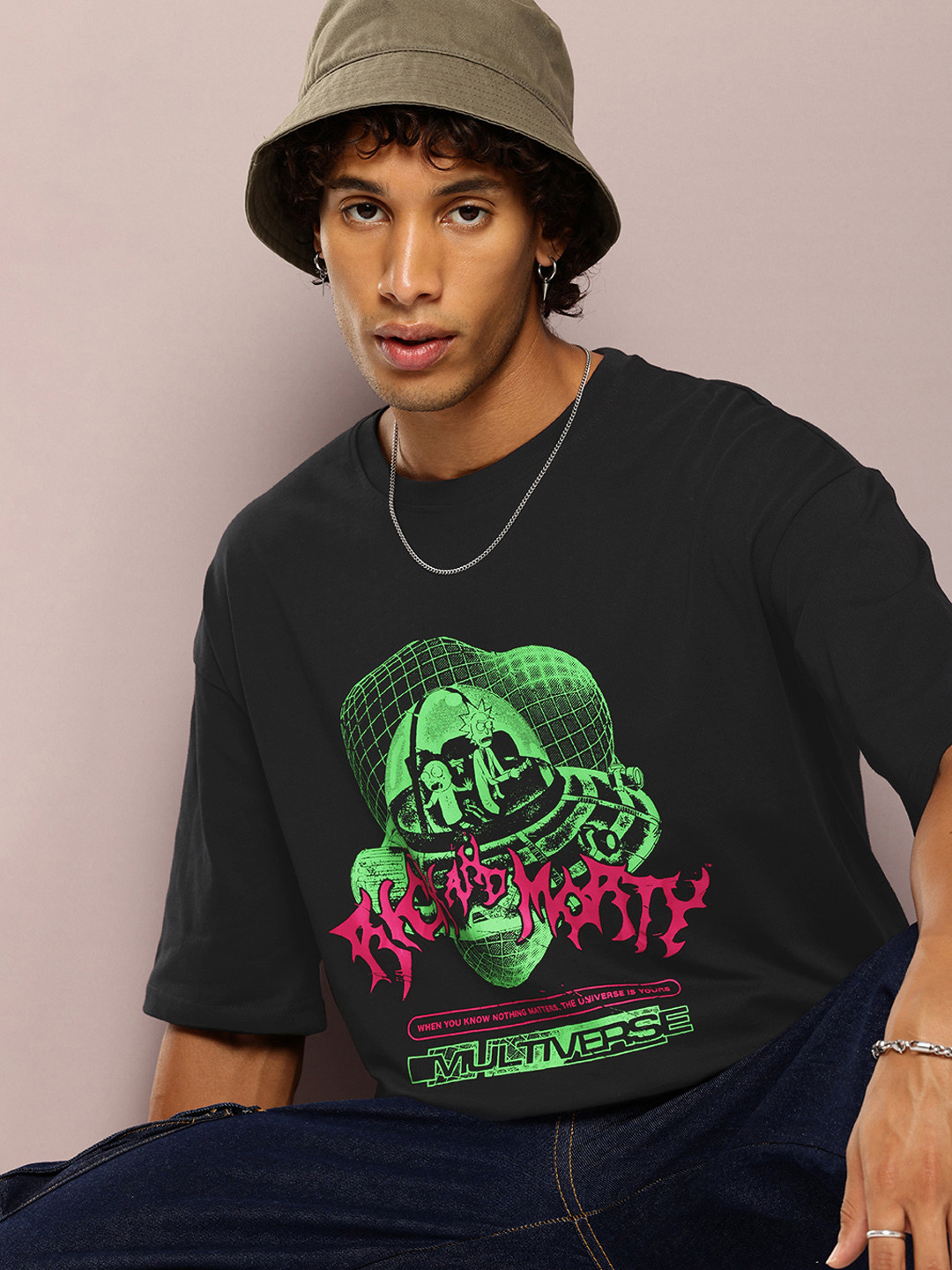 Kook N Keech Men Ricky & Morty Printed Drop-Shoulder Sleeves Oversized Pure Cotton T-shirt