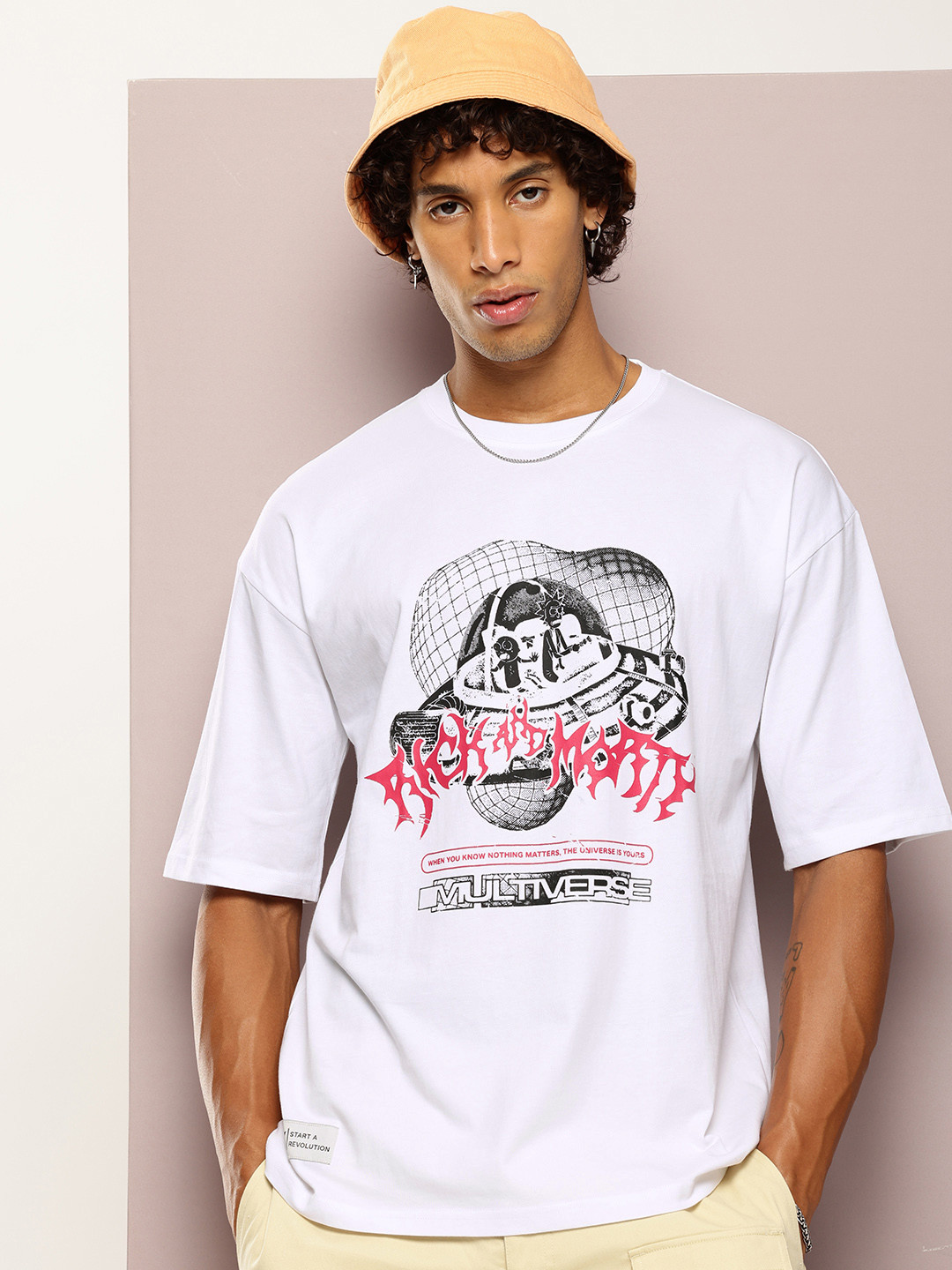 Kook N Keech Men Ricky & Morty Printed Drop-Shoulder Sleeves Oversized Pure Cotton T-shirt