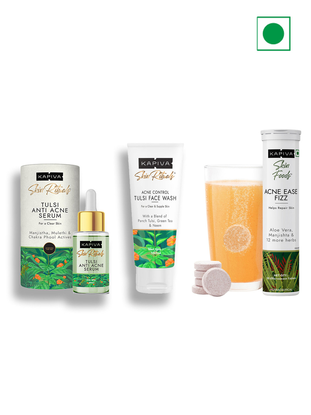 Kapiva Skin Foods Acne Ease Fizz Tablets 20Pcs With Acne Control Tulsi Face Wash & Serum