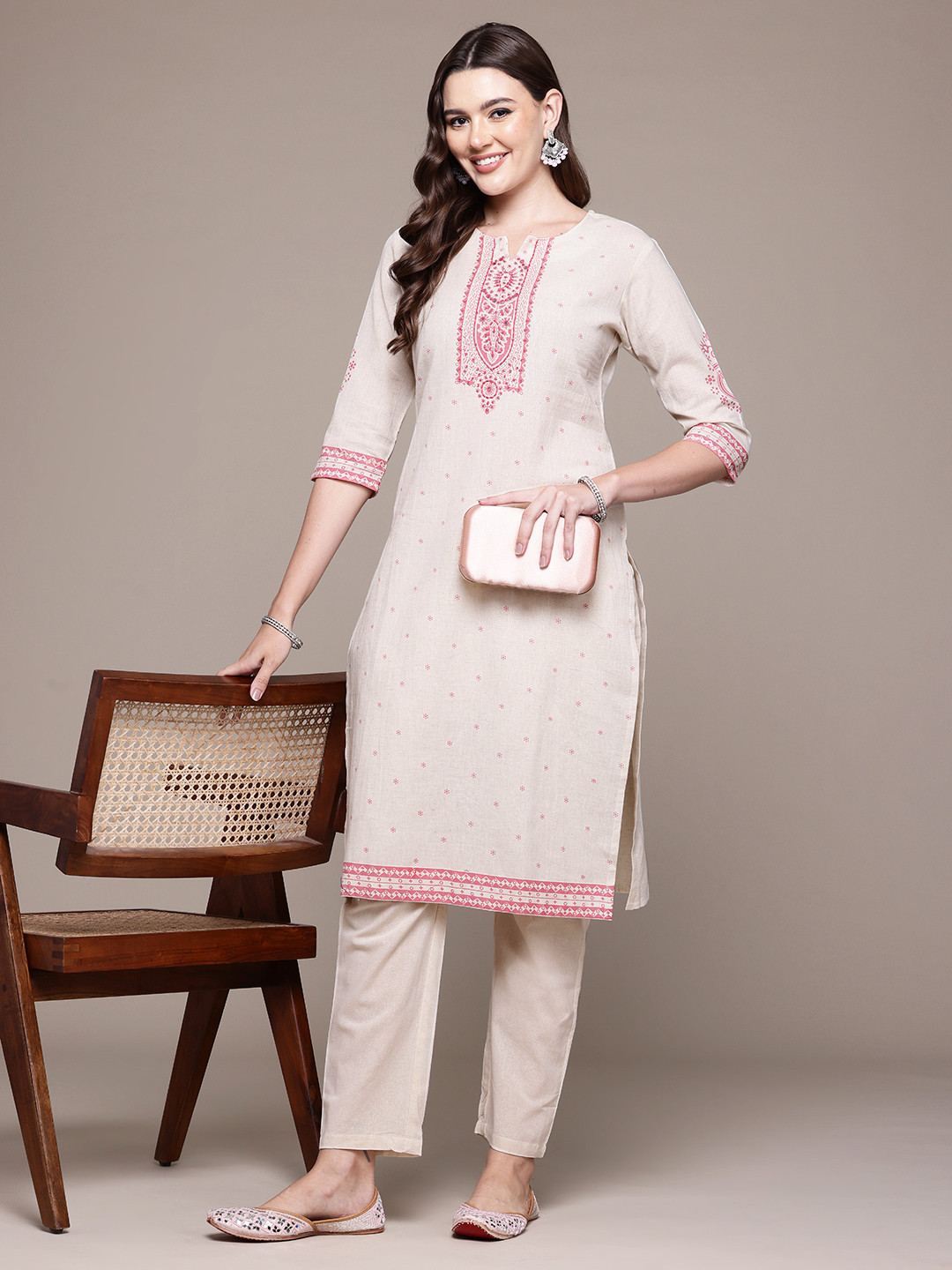 Readiprint Floral Printed Mirror Work Organic Cotton Kurta with Trousers