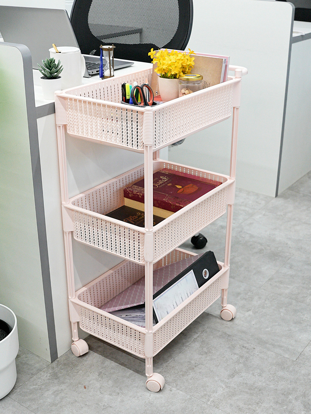 Nayasa Rope Cream Multipurpose with Wheels Kitchen Trolley Basket