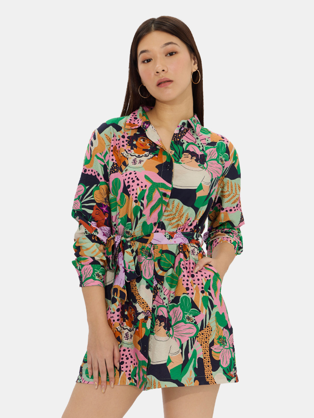The Souled Store Printed Tie-Up Detail Shirt Mini Dress