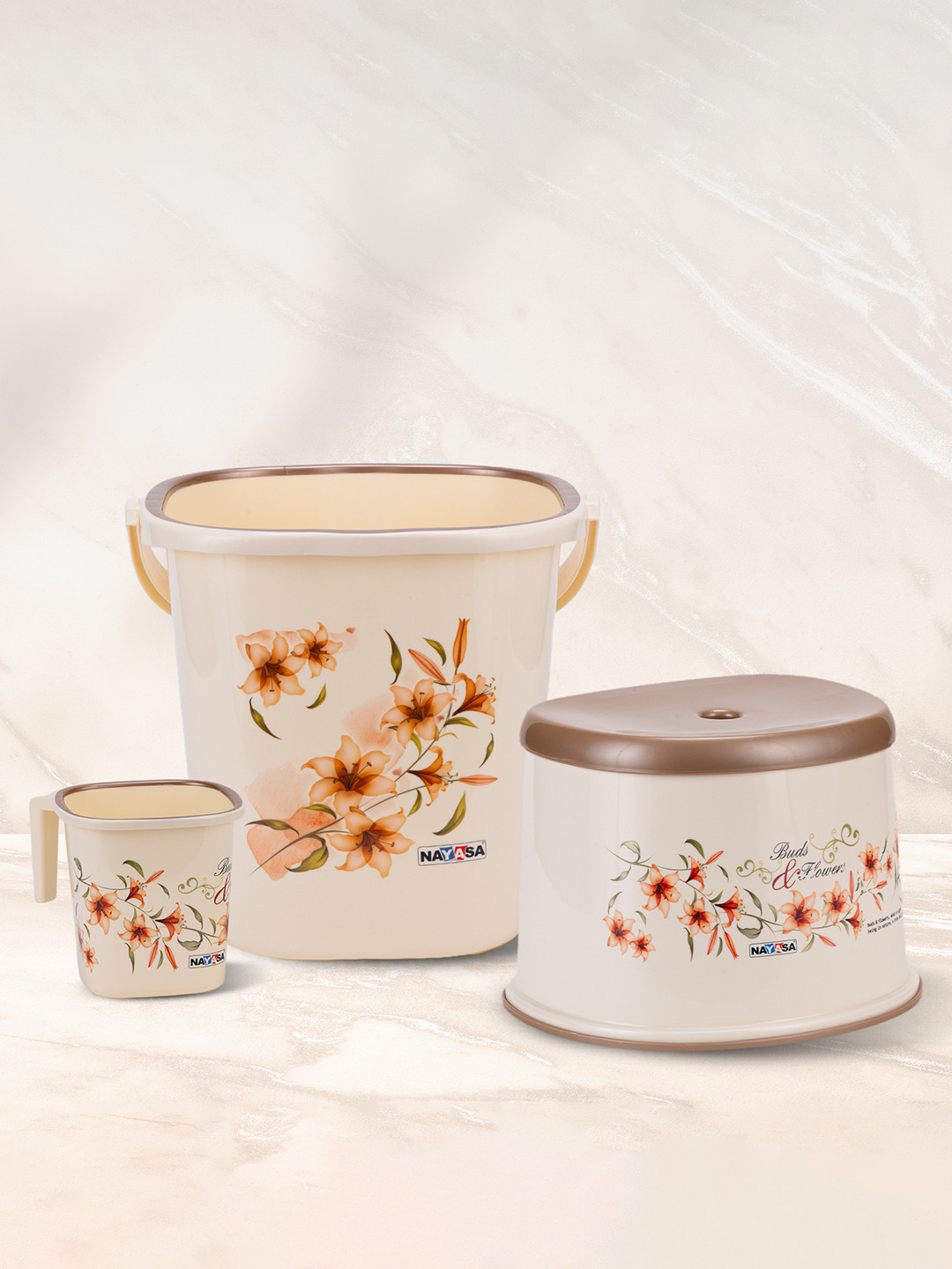 Nayasa Square Dlx Set of 3 Cream-Coloured Bucket & Stool & Mug Bath Set - 18L & 1.5L