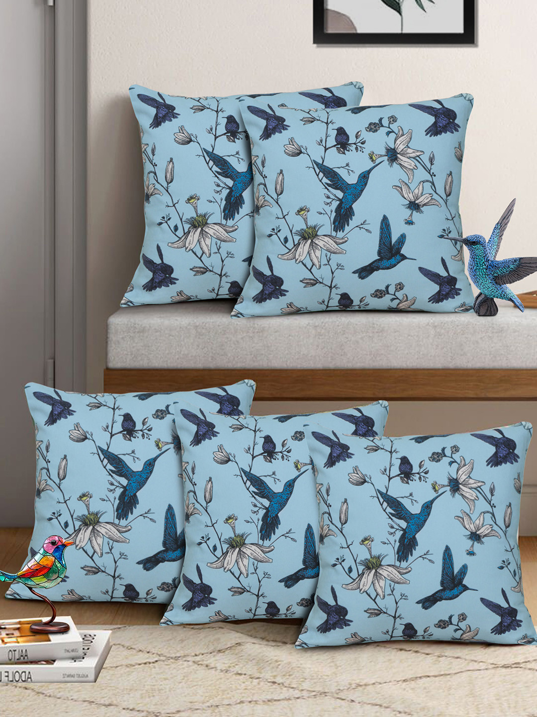 HOME COLORS.IN Blue & Grey 5 Pieces Floral Printed Pure Cotton Square Cushion Covers