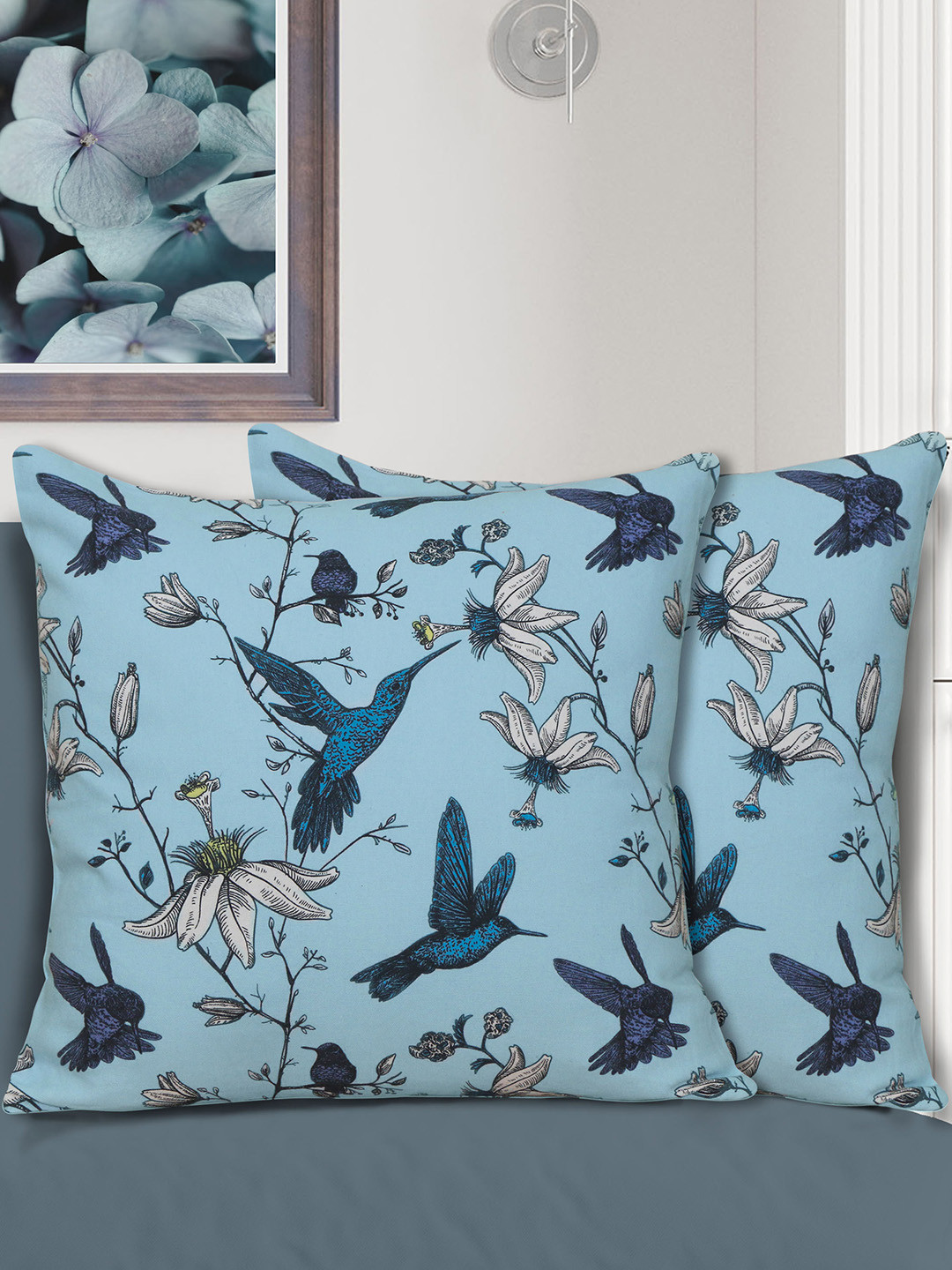 HOME COLORS.IN Blue & Grey 2 Pieces Floral Square Pure Cotton Cushion Covers