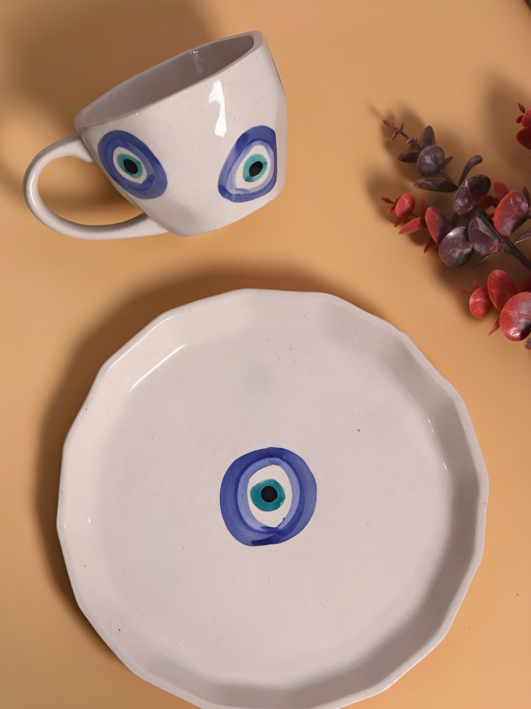 WEAVING HOMES Evil Eye Mug & Evil Eye White Geometric Ceramic Dishwasher and Microwave Safe 2 Piece Dinner Set