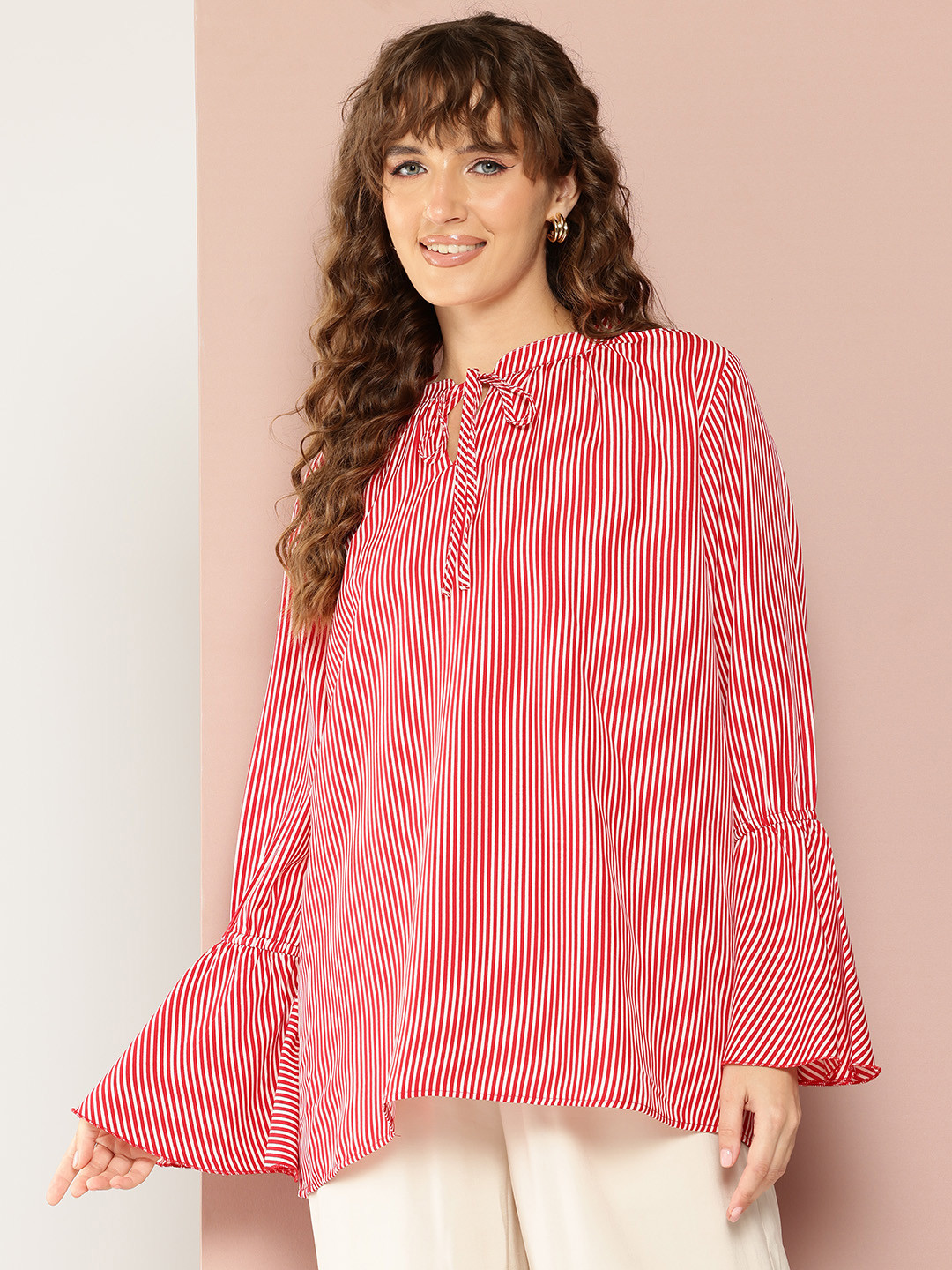 Qurvii Striped Tie-Up Neck Bell Sleeves Crepe Longline Top