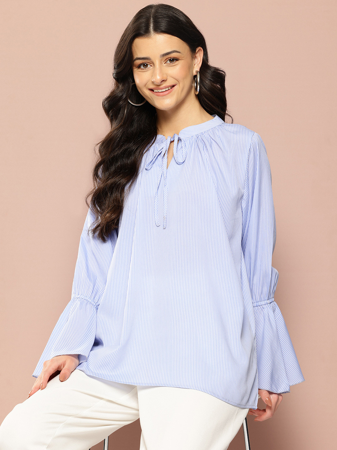 Qurvii Cotton Striped Tie-Up Neck Flared Sleeve Longline Top