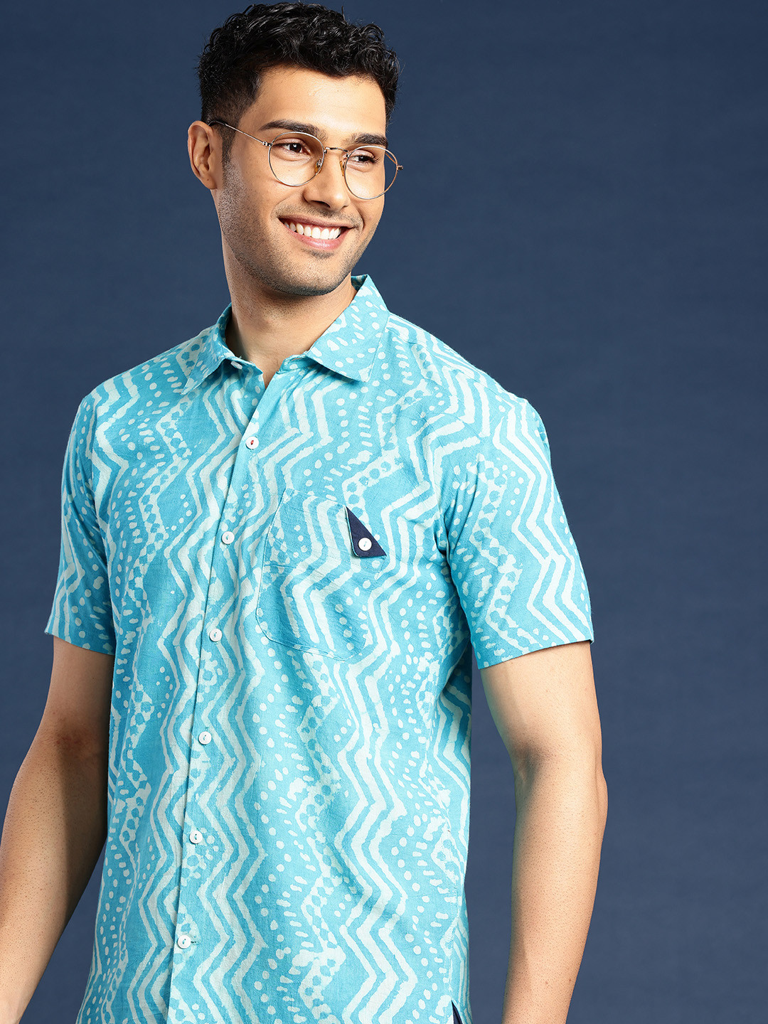 Taavi Men Comfort Dabu Hand Block Chevron Printed Pure Cotton Casual Shirt