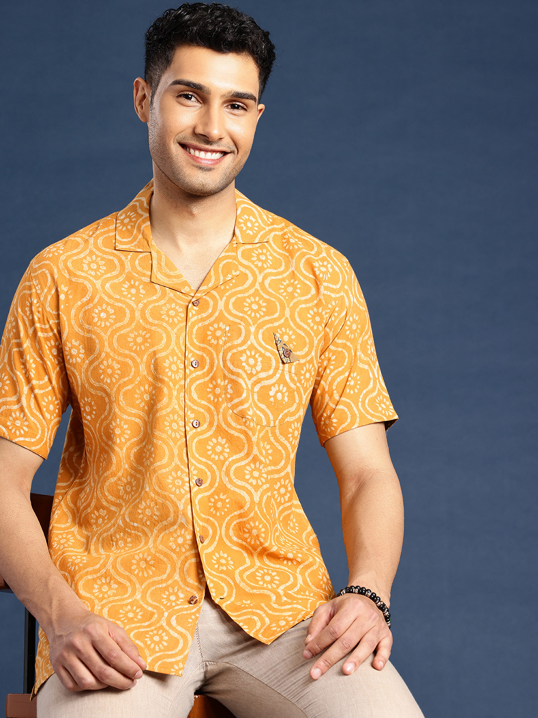 Taavi Men Comfort Dabu Hand Block Printed Cuban Collar Casual Shirt