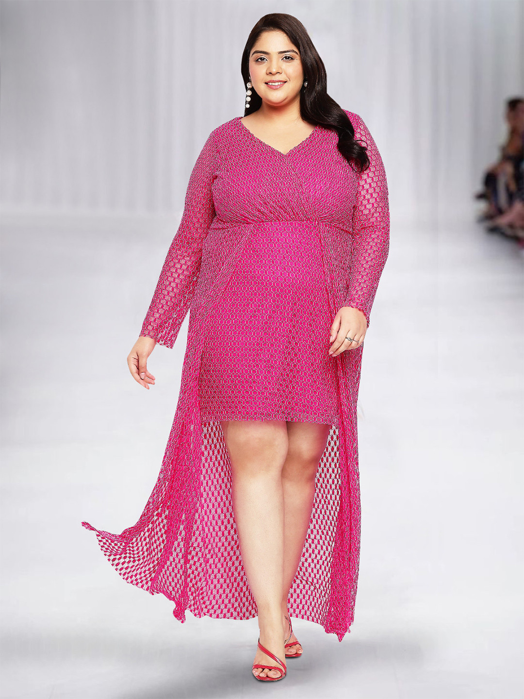 wild U Plus Size Lace Self Design High Low Dress