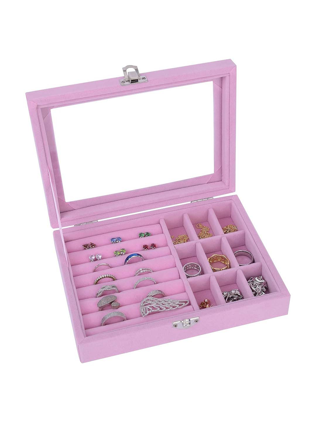 KriShyam Pink Velvet Glass Ring Earrings Jewellery Organiser