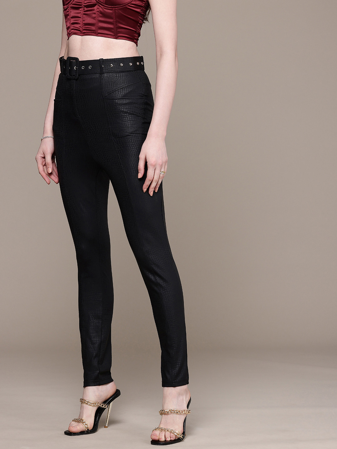 bebe Women Self Design Animal Skin Textured High-Rise Party Treggings Comes With A Belt