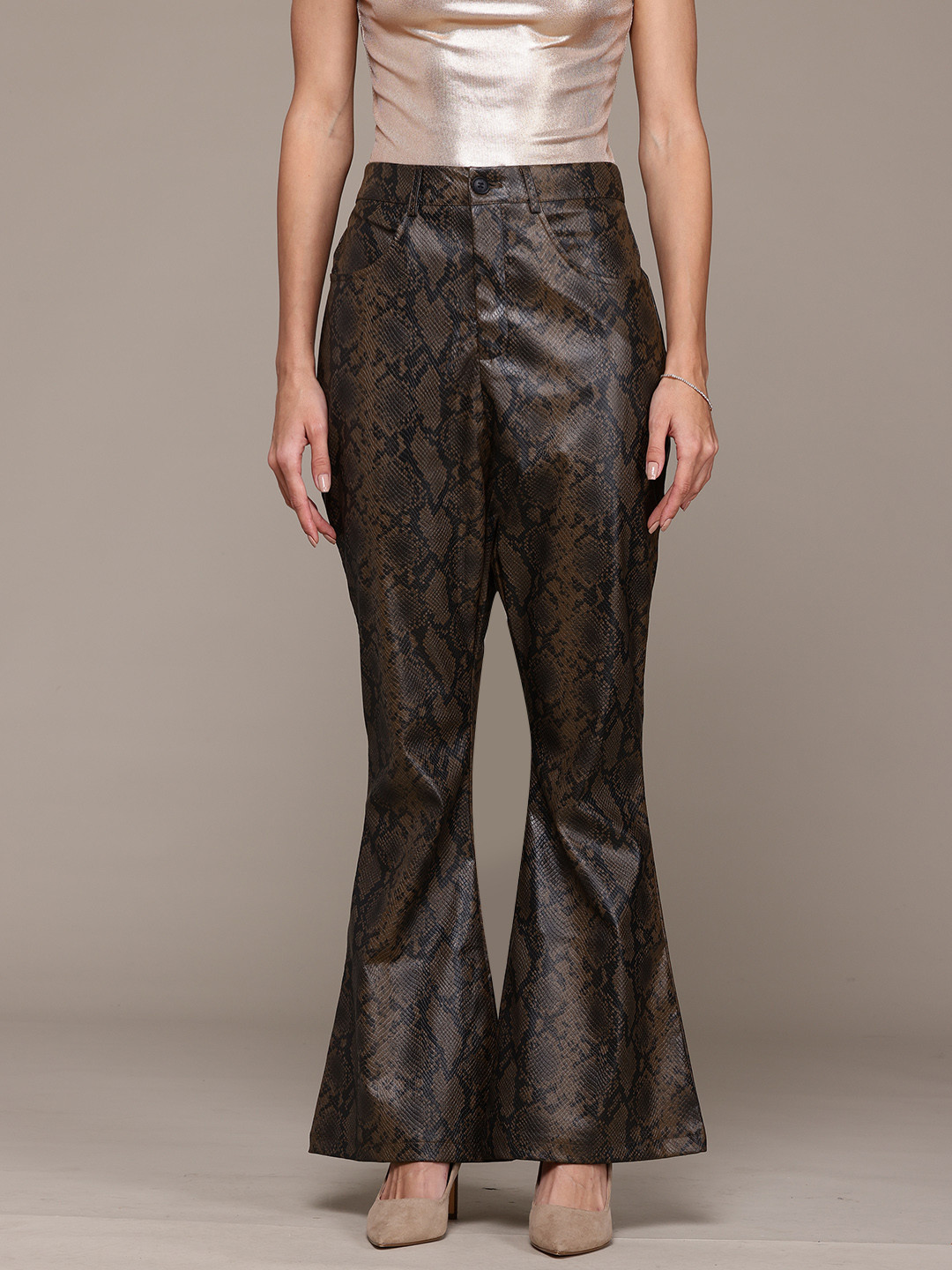 bebe Women All Day Animal Skin Textured High-Rise Trousers