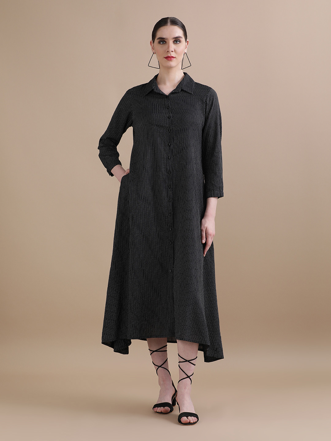 BLACK & BLAH BLAH Relaxed Fit Kantha Printed A-Line Pure Cotton Monochrome Midi Dress