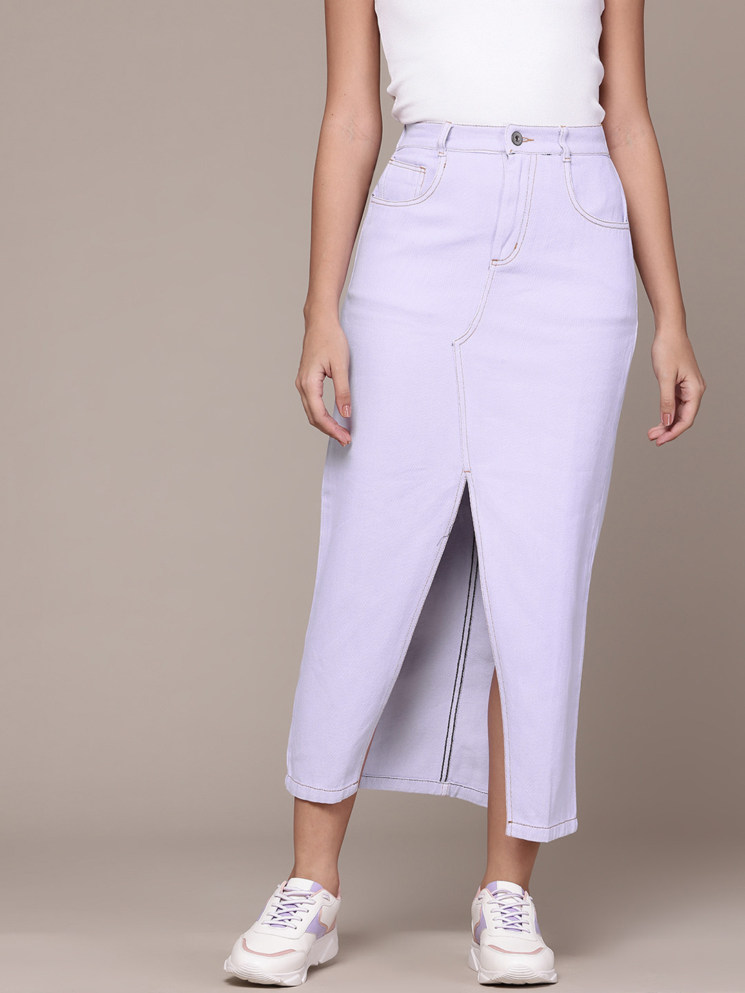 Roadster Pure Cotton Straight Denim Midi Skirt with Front Slit