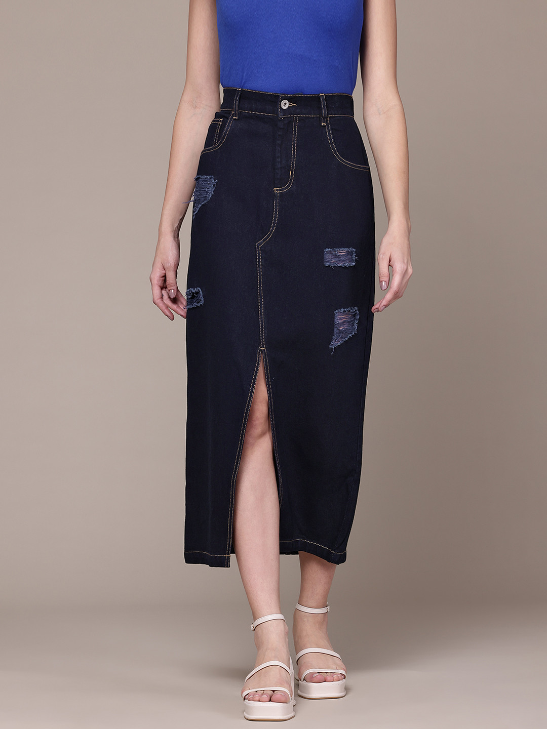 Roadster Distressed Pure Cotton Denim Straight Midi Skirt with Front Slit