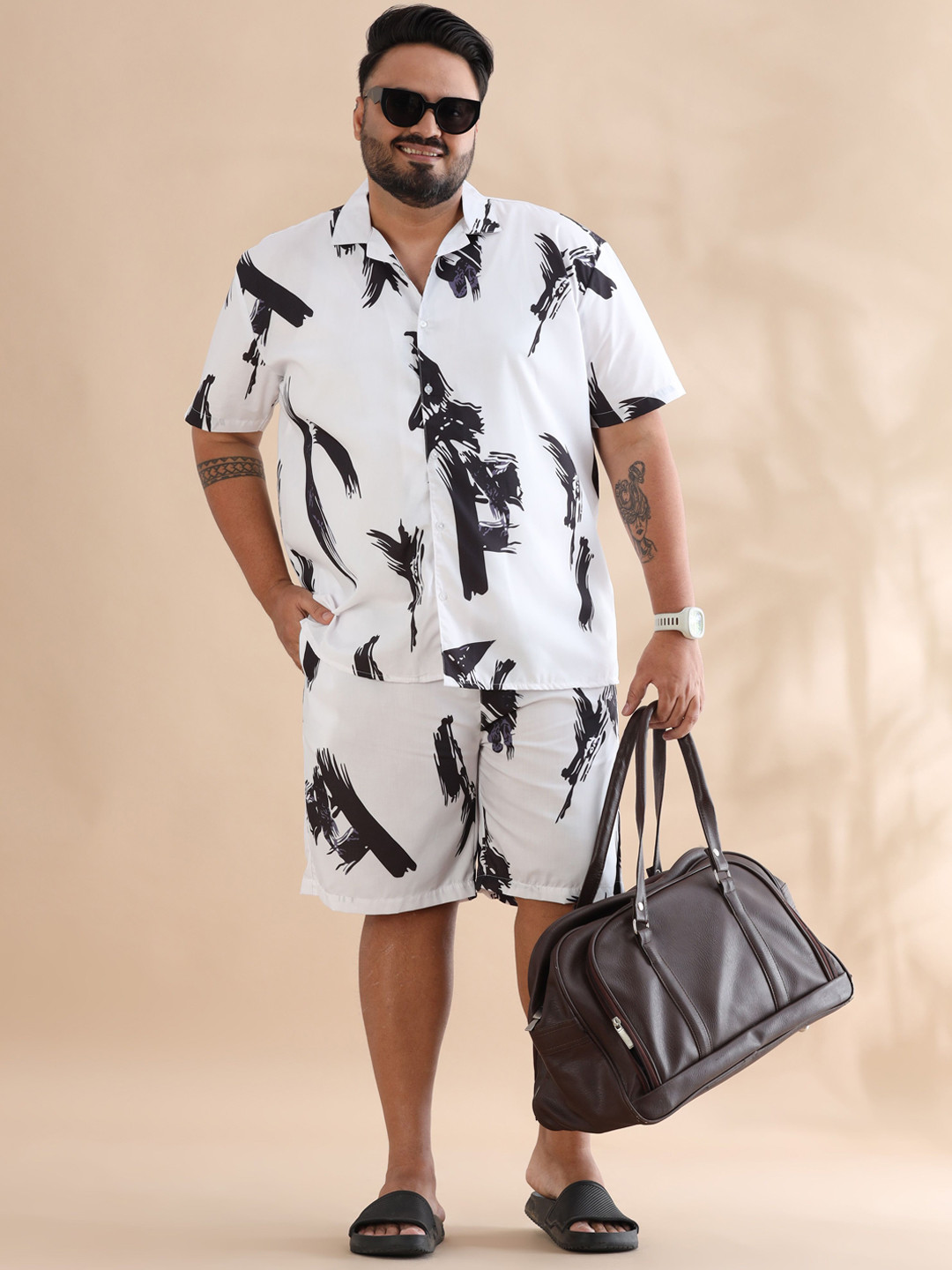 Bushirt Plus Size Abstract Printed Cuban Collar Short Sleeves Shirt With Shorts