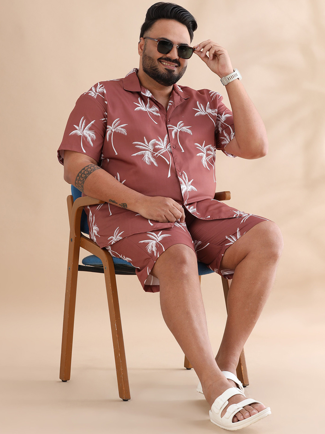 Bushirt Plus Size Tropical Printed Cuban Collar Short Sleeves Shirt With Shorts