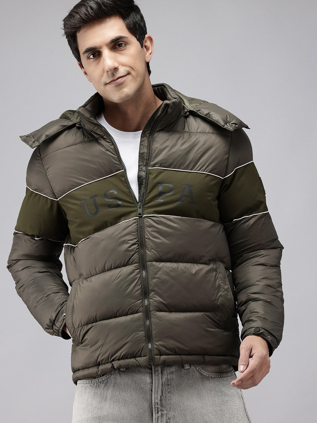 U.S. Polo Assn. Brand Logo Printed Puffer Jacket with Detachable Hood
