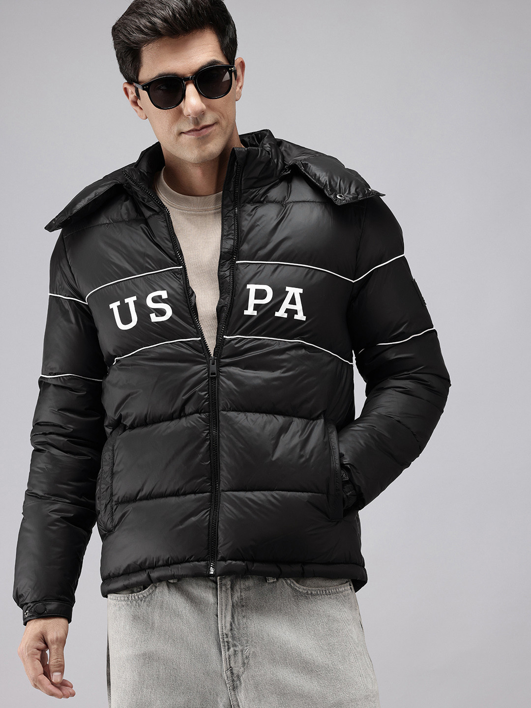 U.S. Polo Assn. Brand Logo Printed Puffer Jacket with Detachable Hood