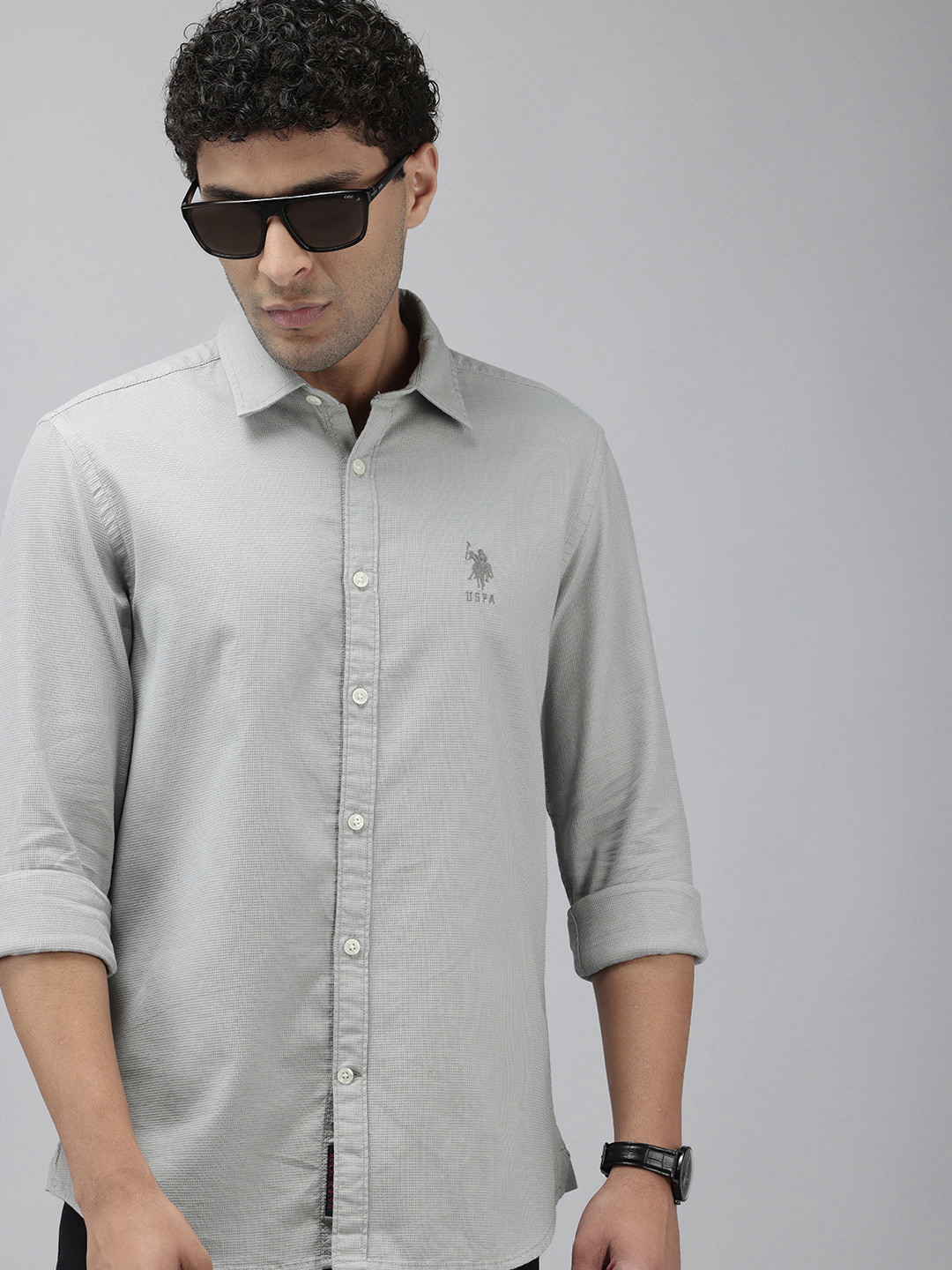 U.S. Polo Assn. Denim Co. Pure Cotton Slim Fit Self-Design Micro Checks Casual Shirt