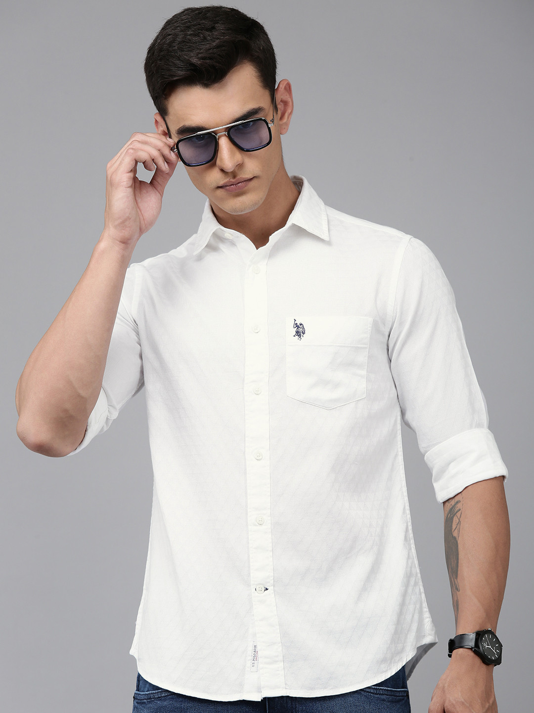 U.S. Polo Assn. Tailored Fit Geometric Self Design Pure Cotton Casual Shirts