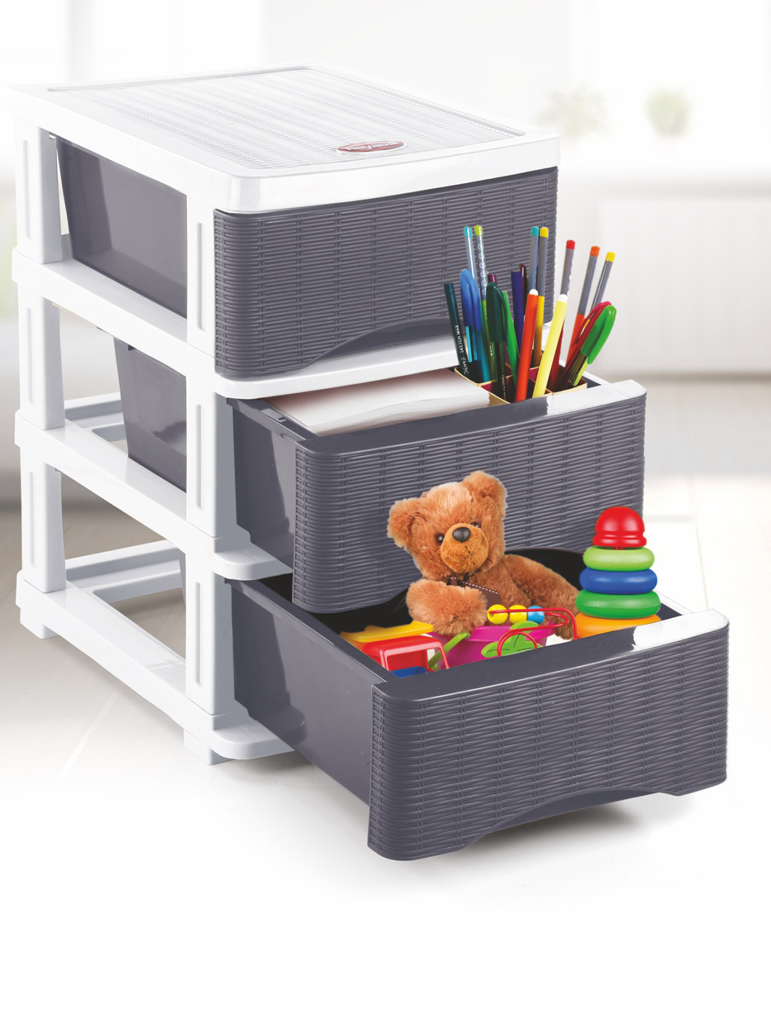 Nayasa Cane Tuckins 23 Grey Multi-Compartment Storage Organizer- 3 Drawer