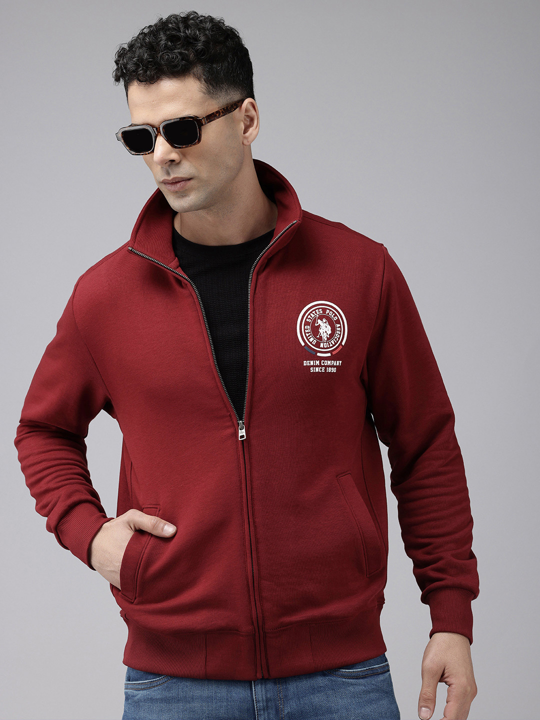 U.S. Polo Assn. Denim Co. Mock Collar Long Sleeves Front Open Sweatshirt