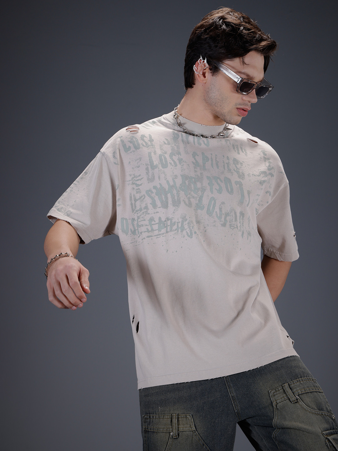 SOKO STREET Printed Fish Eyes Cut-Out Detailed Oversized T-shirt