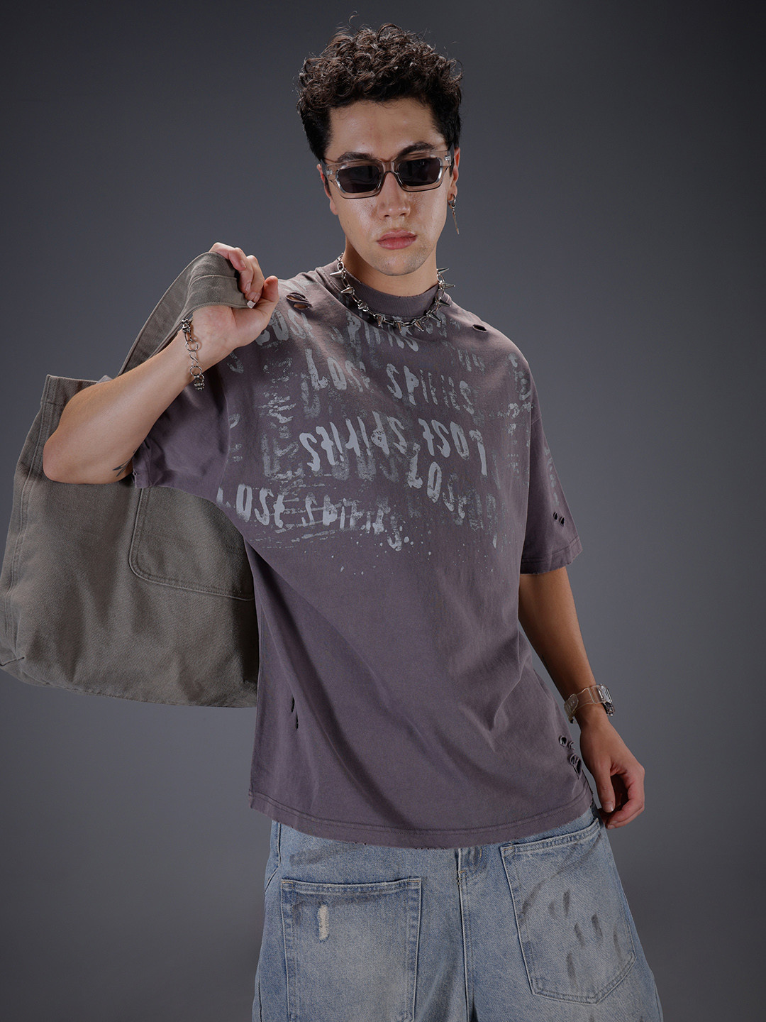 SOKO STREET Printed Drop-Shoulder Sleeves Fish Eye Cut-Outs Oversized T-shirt