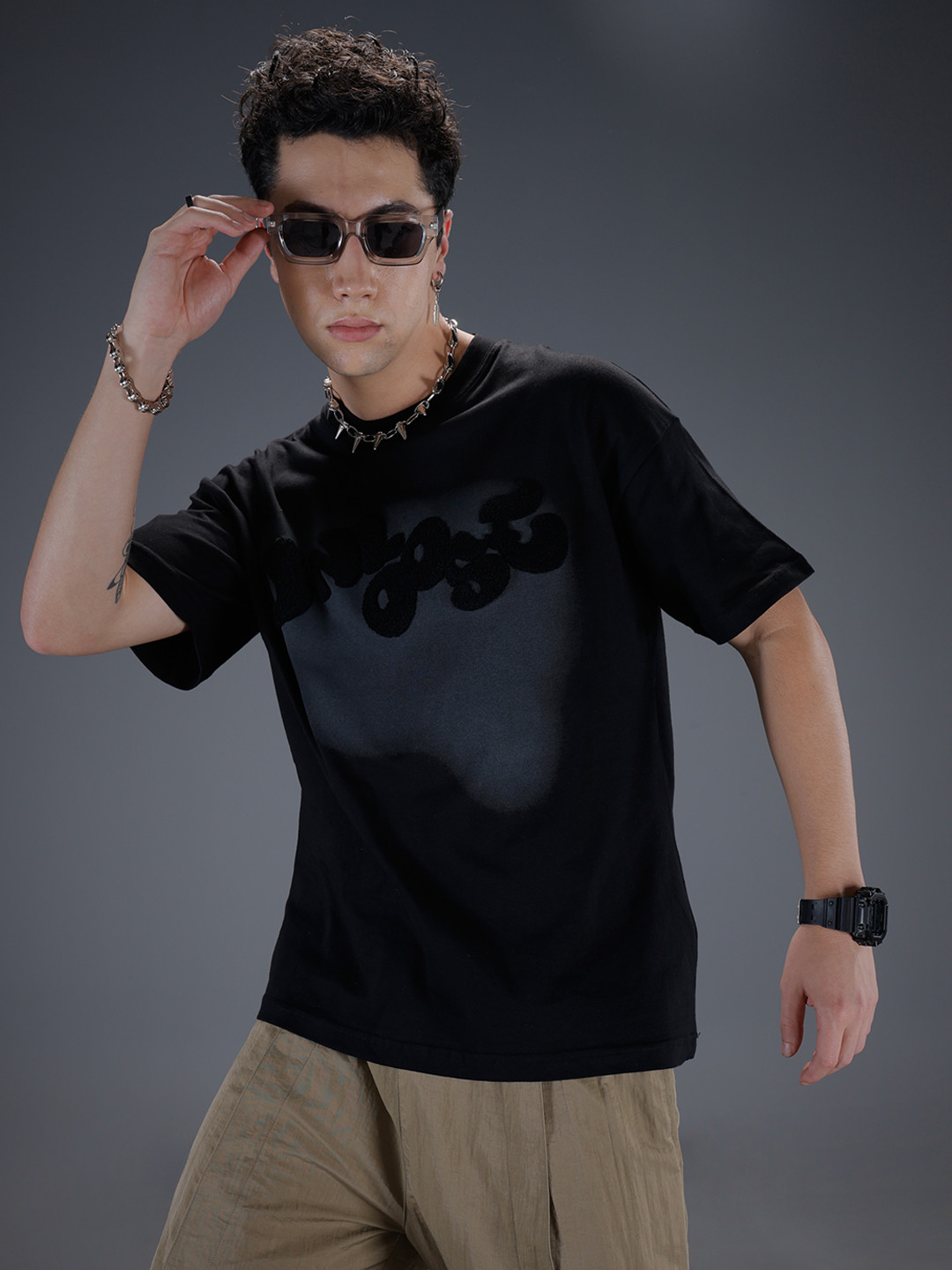 SOKO STREET Typography Embroidered Crew Neck Drop-Shoulder Sleeves Relaxed Fit T-shirt