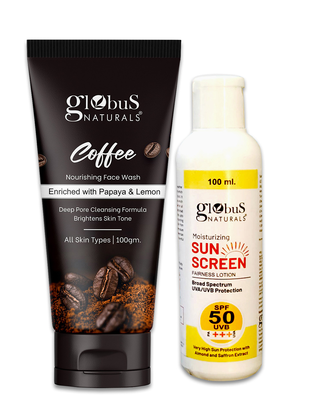 Globus naturals Set Of 2 Sunscreen Lotion SPF 50++ 100 ml & Coffee Face Wash 100g Combo