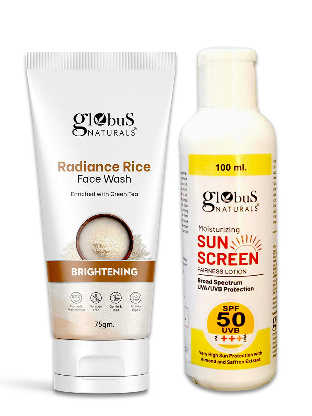 Globus naturals Summer Sizzle Sunscreen Lotion SPF 50++-100 ml & Rice Face Wash-75g