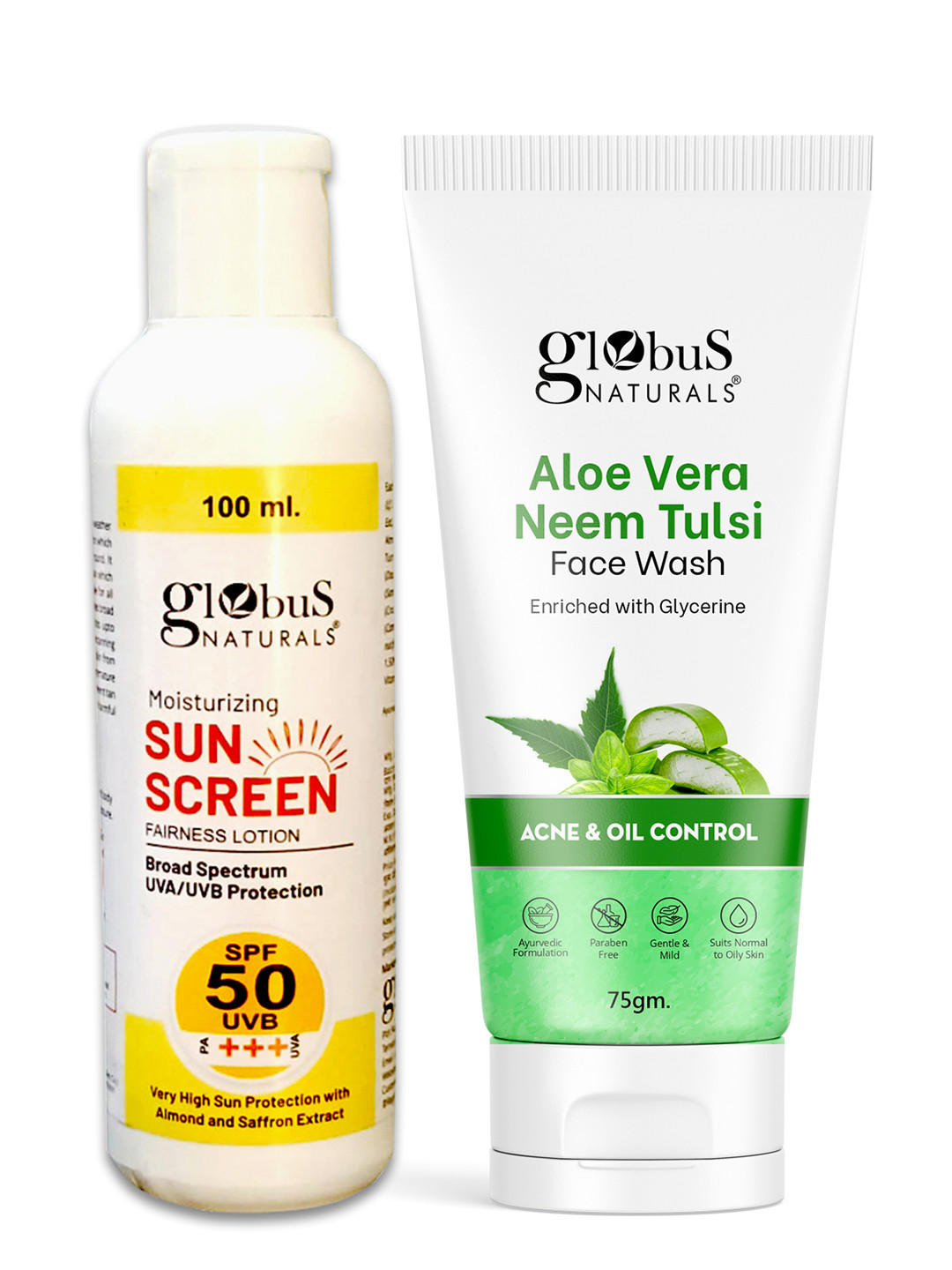 Globus naturals Sunscreen Lotion SPF 50++ 100 ml & Aloe Vera Neem Tulsi Face Wash 75 gm