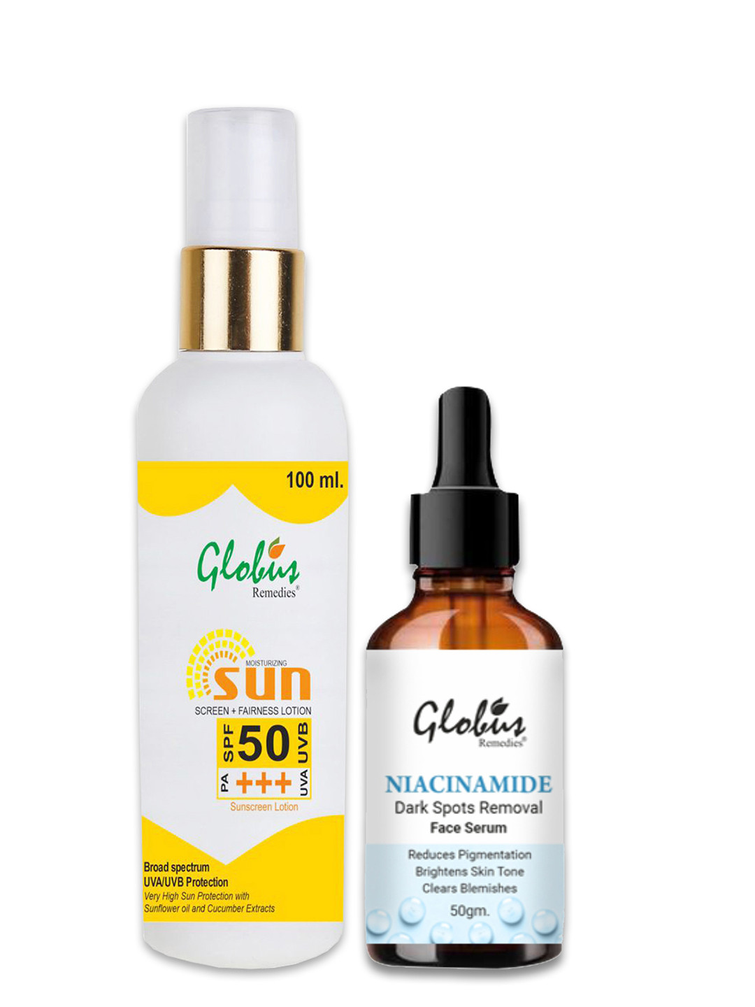 Globus naturals 2Pc Sunscreen Lotion SPF 50++ 100 ml & Niacinamide Face Serum 50 ml Combo