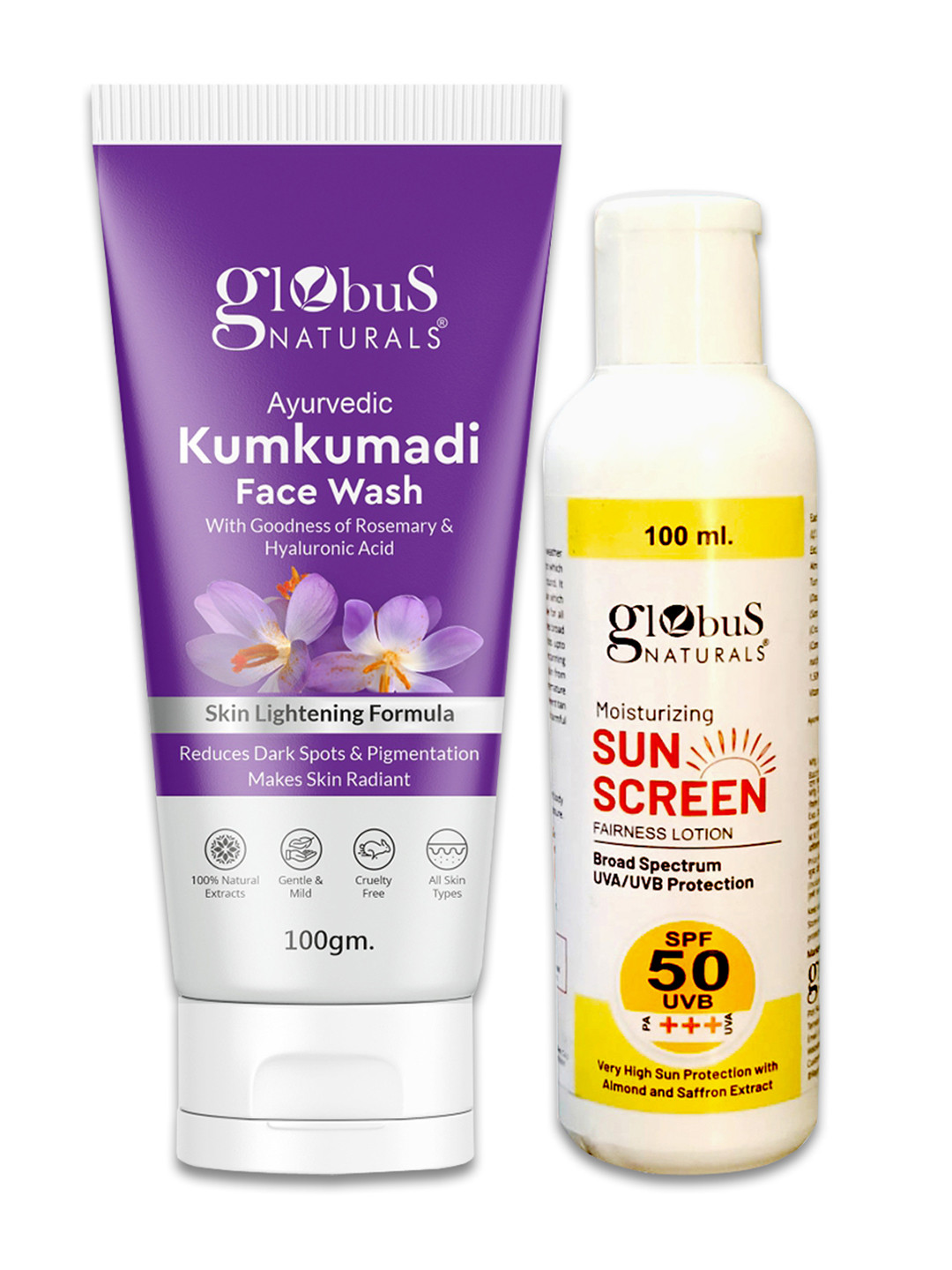 Globus naturals Summer Sizzle Sunscreen Lotion SPF 50++ & Kumkumadi Face Wash-100ml Each