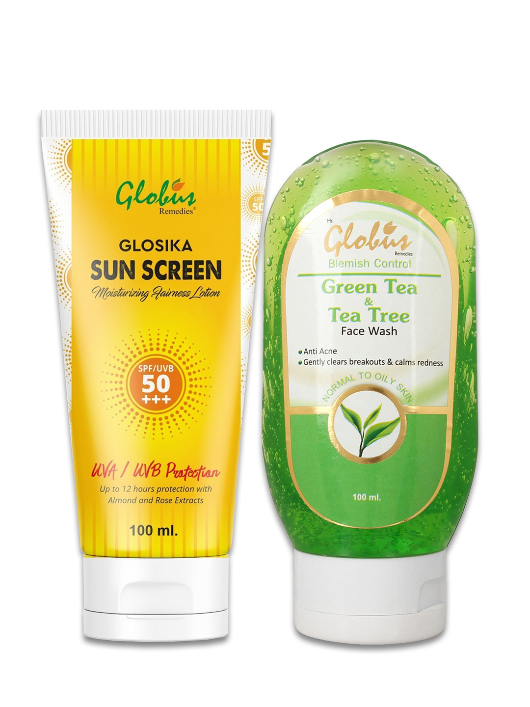 Globus naturals Glosika Sunscreen SPF 50 & Green Tea & Tea Tree Face Wash 100ml Each