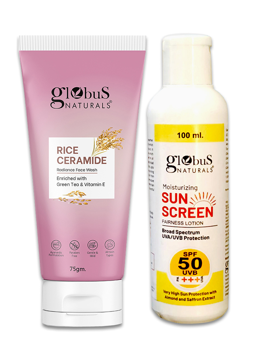 Globus Naturals Set Of 2 Sunscreen Lotion-100ml & Rice Face Wash- 75ml