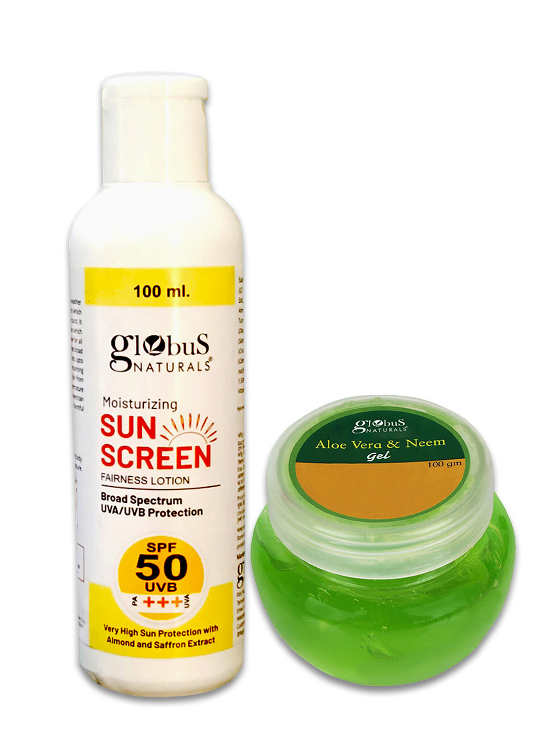 Globus naturals Set Of 2 Sunscreen Lotion SPF 50++ 100 ml & Aloe Vera Neem Face Gel 100 gm
