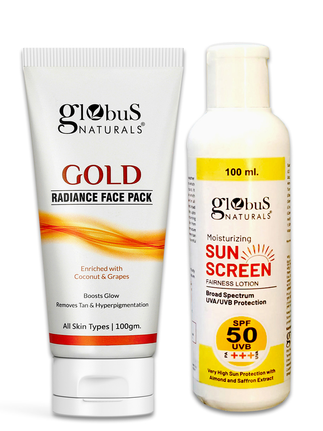 Globus naturals Summer Sizzle Sunscreen Lotion SPF 50++ & Gold Face Pack -100ml Each