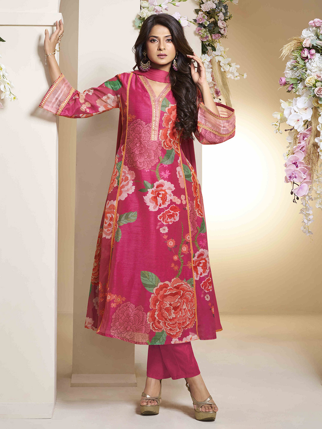 Bhama Couture Jennifer Winget Printed Chanderi Silk Anarkali Kurta With Palazzos & Dupatta