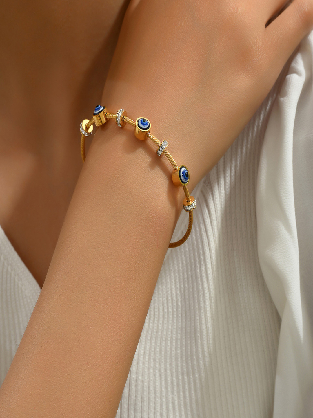 AQUASTREET 18K Plated Waterproof Antitarnish Evil Eyes Rhinestone Beads String Bracelet