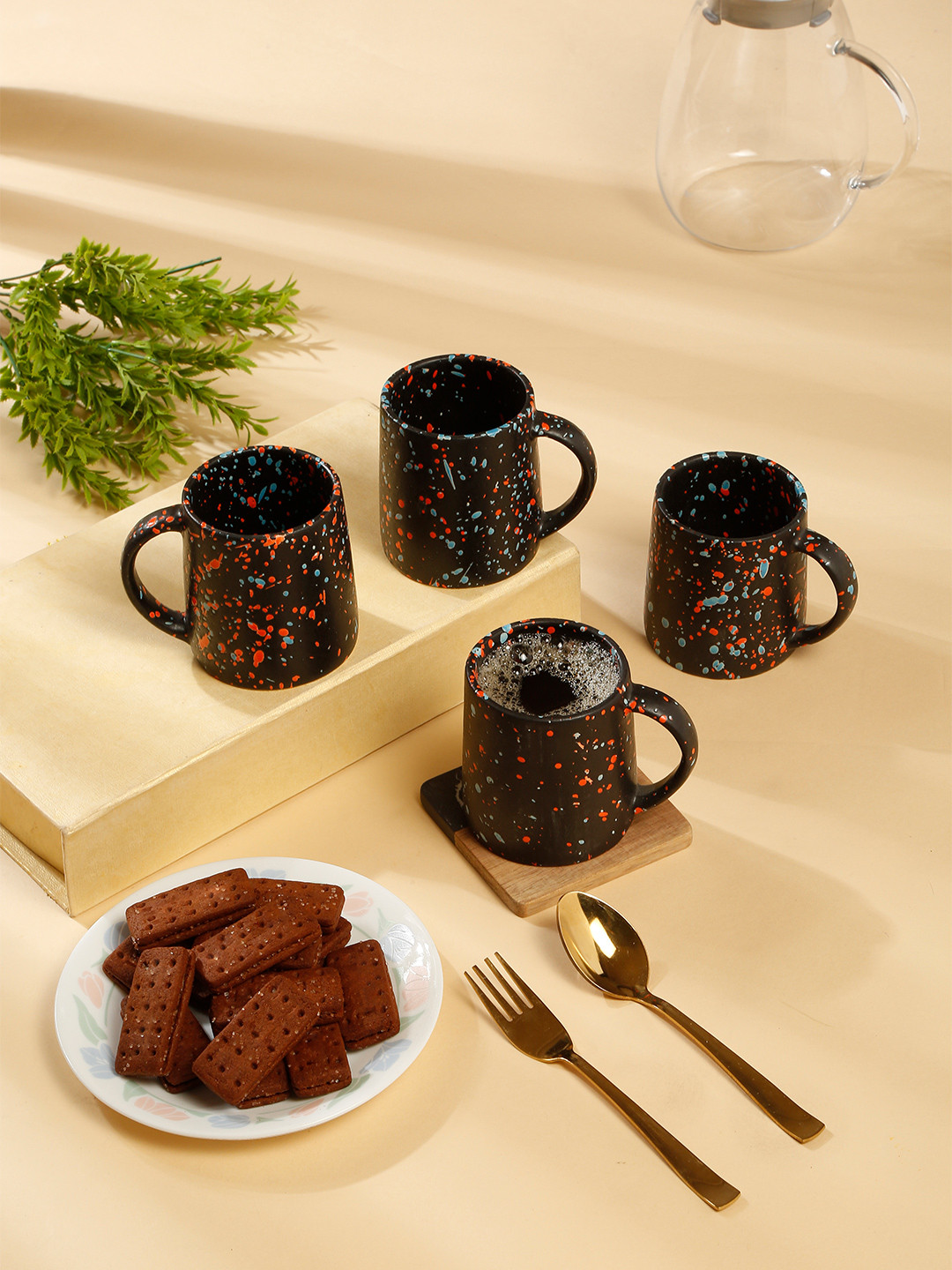 Arrabi Floral Capsule Black Abstract Ceramic Microwave Safe 4 Piece Mug-300ml
