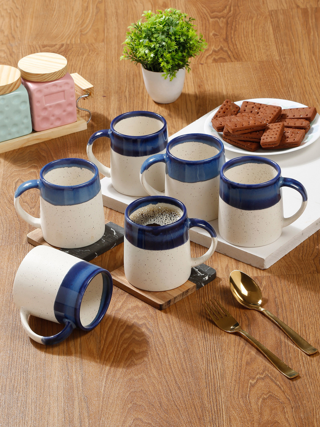 Arrabi Conical Shaped Blue Colourblocked Ceramic Microwave Safe 6 Piece Mugs-300ml
