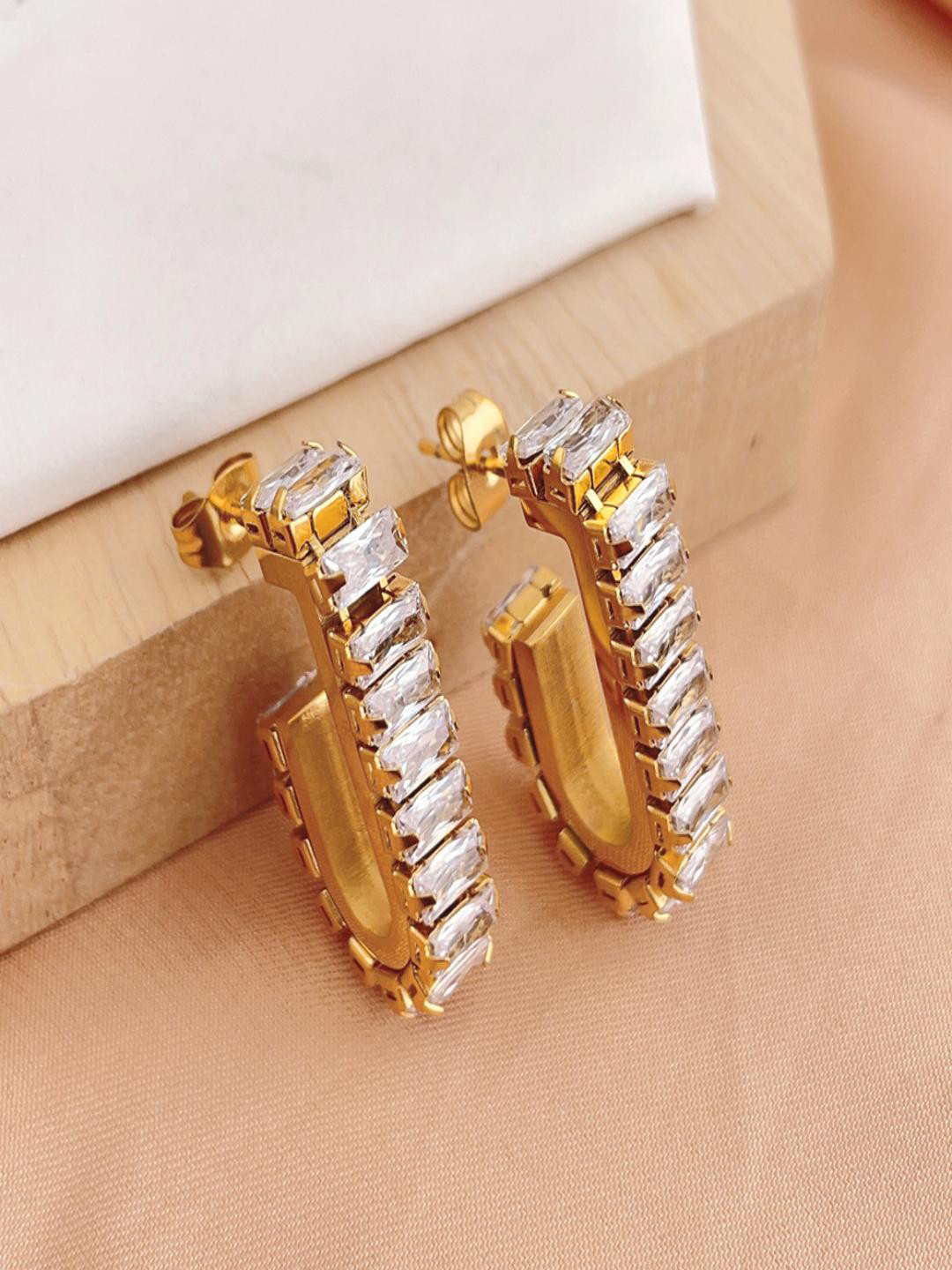 AQUASTREET 18K Gold Plated Waterproof Antitarnis C-shaped Baguette White Zircon Earrings